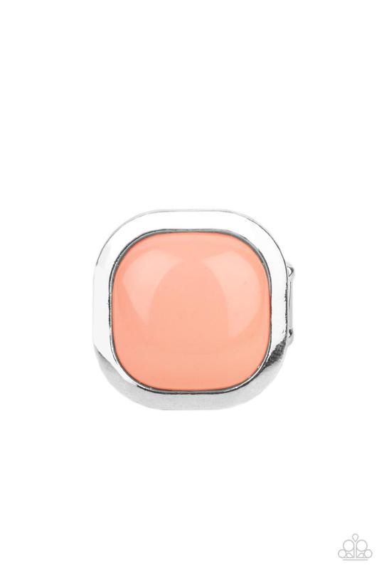 POP-ularity Contest - Orange - Coral and Silver Ring - Paparazzi Accessories - An oversized burnt coral - orange bead is pressed into the center of a square silver frame, for a colorful fashion ring. Features a stretchy band for a flexible fit. Sold as one individual ring.