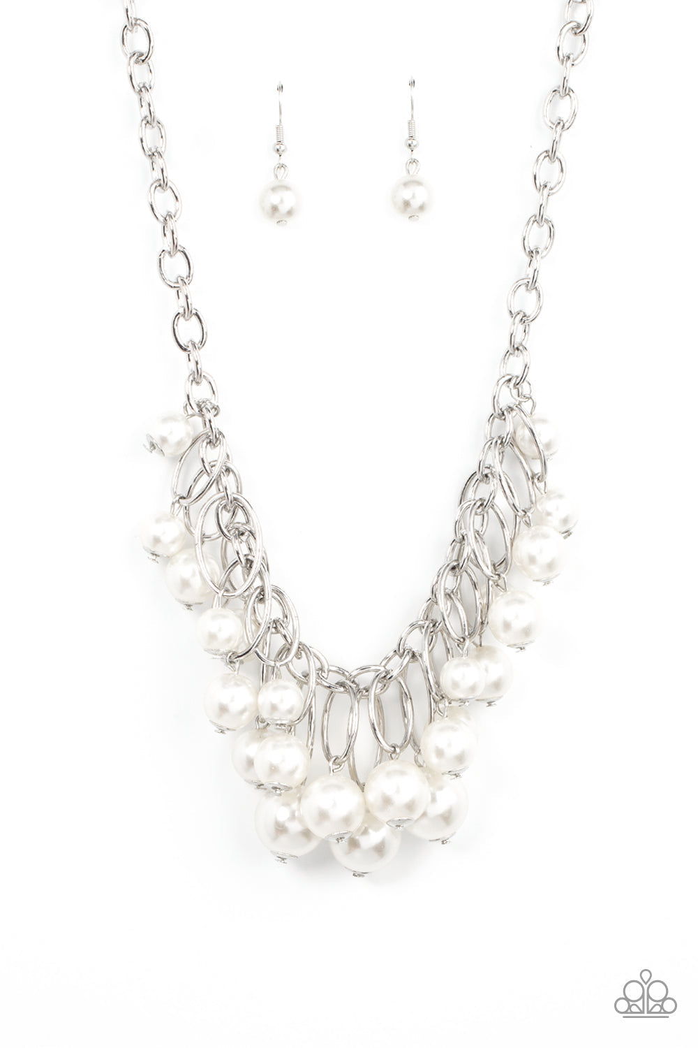 Powerhouse Pose - White Pearl and Silver Fashion Necklace - Paparazzi Accessories -Oversized white pearls dance from the bottoms of shiny silver ovals that cluster along a chunky silver chain, for a luxurious fringe below the collar. Necklace has an adjustable clasp closure.