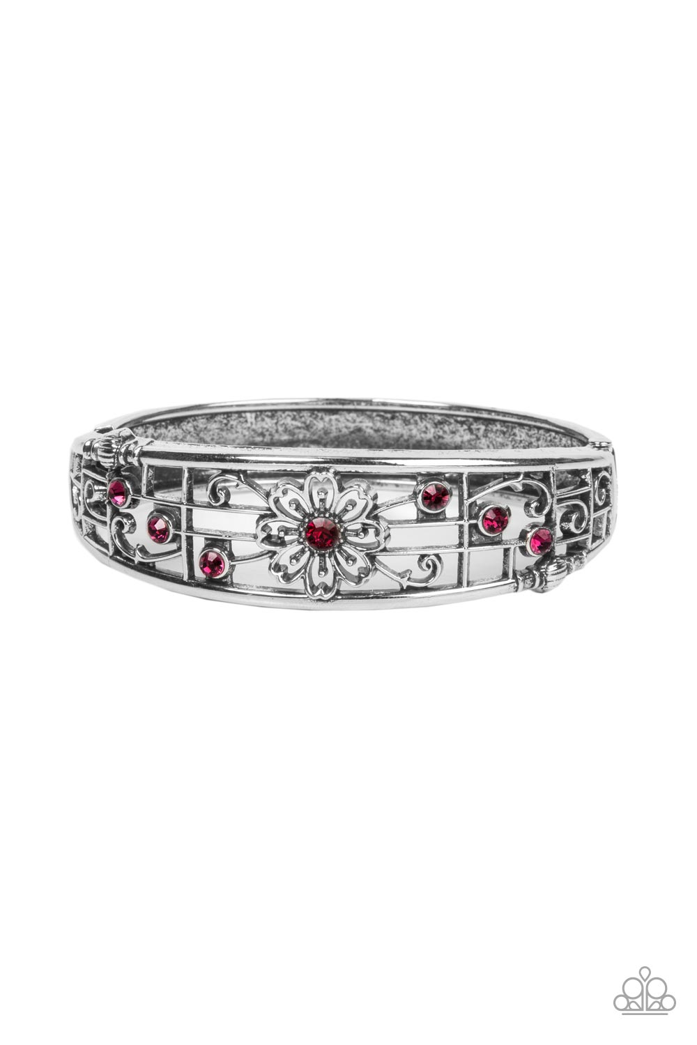 Prairie Musical - Pink Floral - Silver Hinged Bracelet - Paparazzi Accessories - Slanted trios of dazzling pink rhinestones flank a whimsical white rhinestone dotted floral center, resulting in an airily layered bangle-like bracelet around the wrist. Features a hinged closure. Sold as one individual bracelet.
