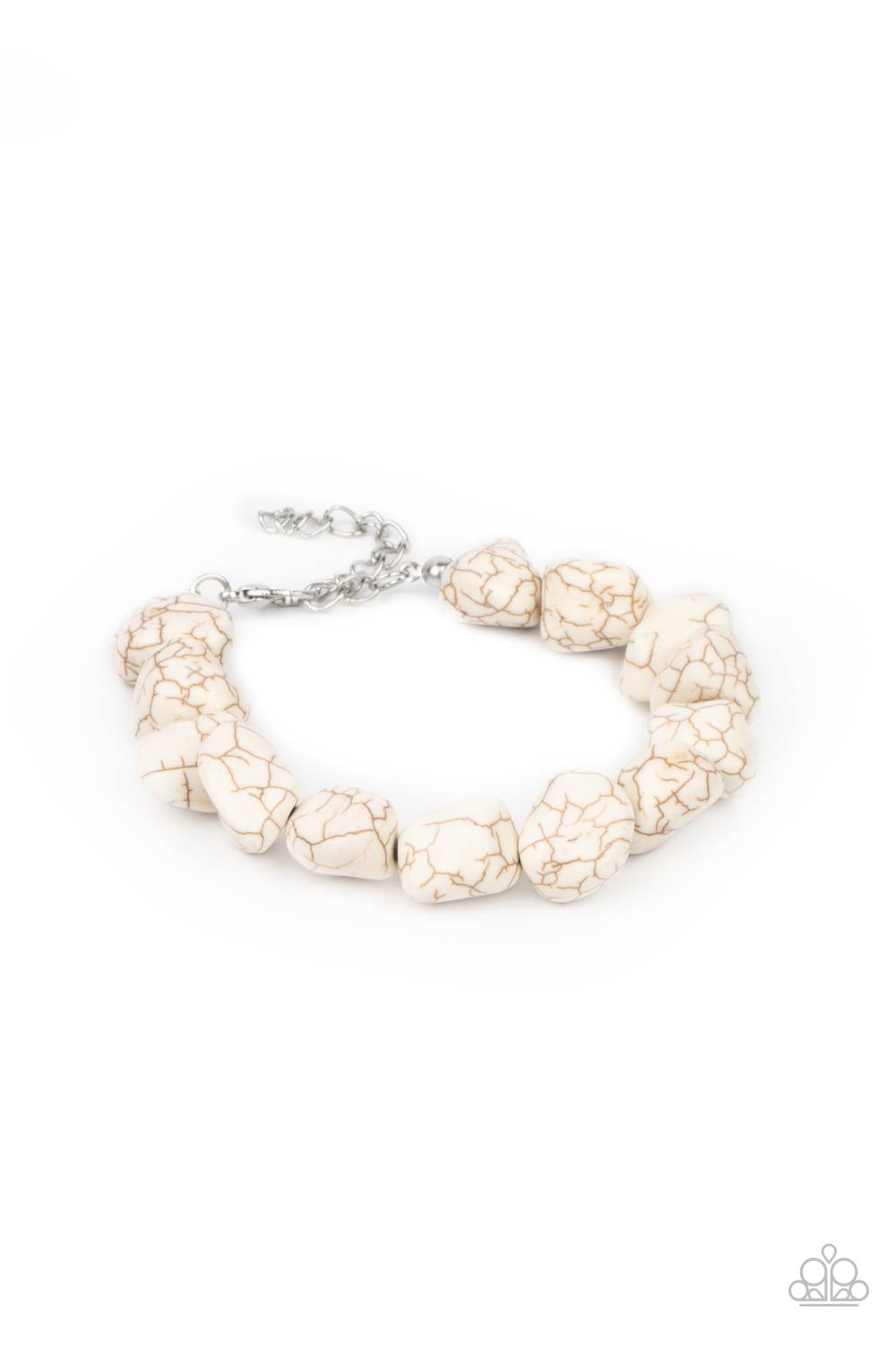 Prehistoric Paradise - White Crackle Stone - Fashion Bracelet - Paparazzi Accessories - A collection of imperfect white stones are threaded along an invisible wire around the wrist, creating an earthy centerpiece. Bracelet has an adjustable clasp closure.