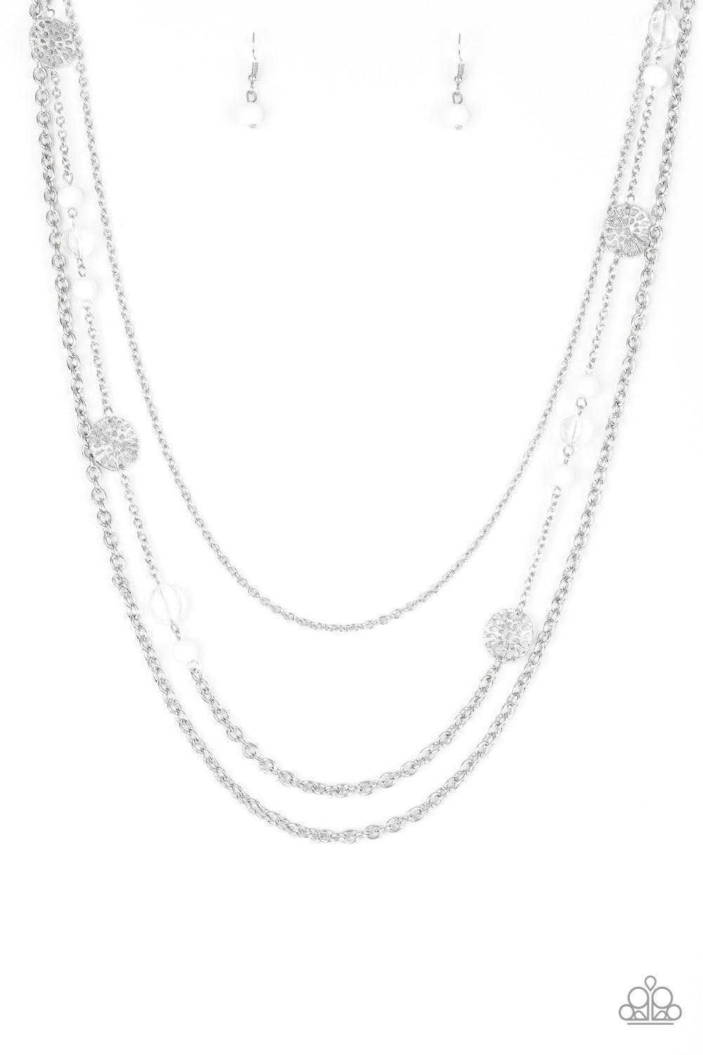 Pretty Pop-tastic! - White and Silver Fashion Necklace - Paparazzi Accessories - Ornate silver accents, glassy beads, and polished white beads trickle along strands of shimmery silver chains for a whimsical look. Fashion necklace has an adjustable clasp closure.
