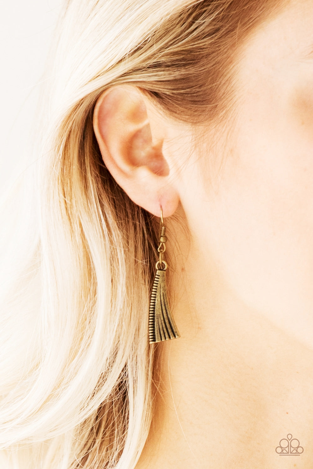 Primal Princess - Brass Fashion Necklace - Paparazzi Accessories - Embossed in zigzagging patterns brass crescents swing from two brass plates for a tribal stylish look. Dotted with studded textures the antiqued pendants stack below the collar for a bold indigenous finish. Features an adjustable clasp closure.