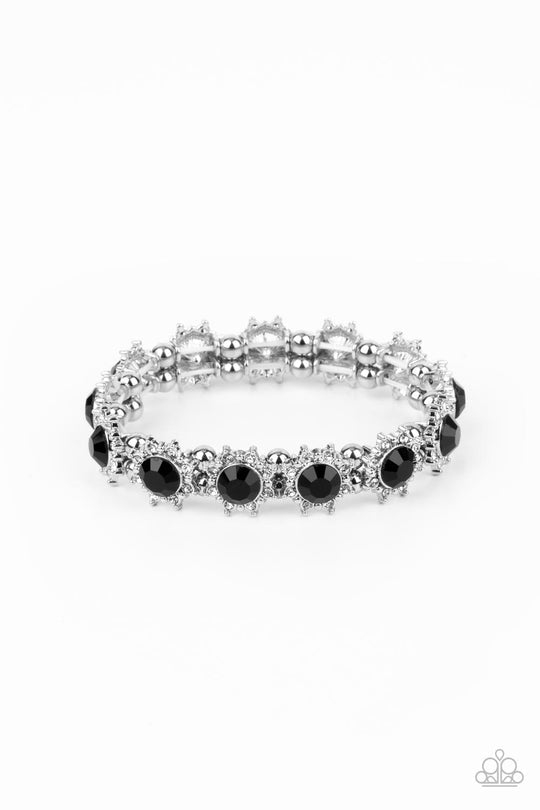 Prismatic Palace - Black and Silver Bracelet - Paparazzi Accessories - Oversized black rhinestone centers, glittery white rhinestone floral frames join pairs of classic silver beads along stretchy bands around the wrist for a glamorous display.