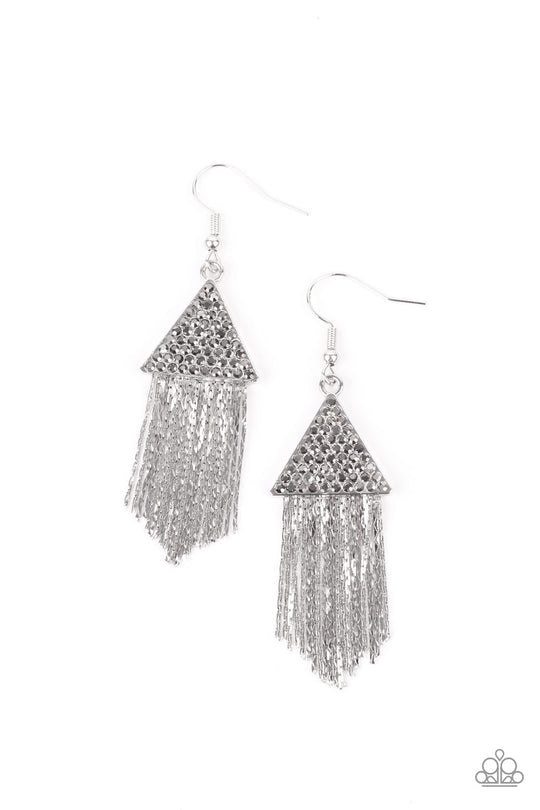 Pyramid Sheen - Silver Hematite Fashion Earrings - Paparazzi Jewelry - Bejeweled Accessories By Kristie - Trendy fashion jewelry for everyone - Dainty hematite rhinestones, a silver triangle frame gives way to a tapered fringe of flat silver chains. These fashion earrings attach to standard fishhook fittings.