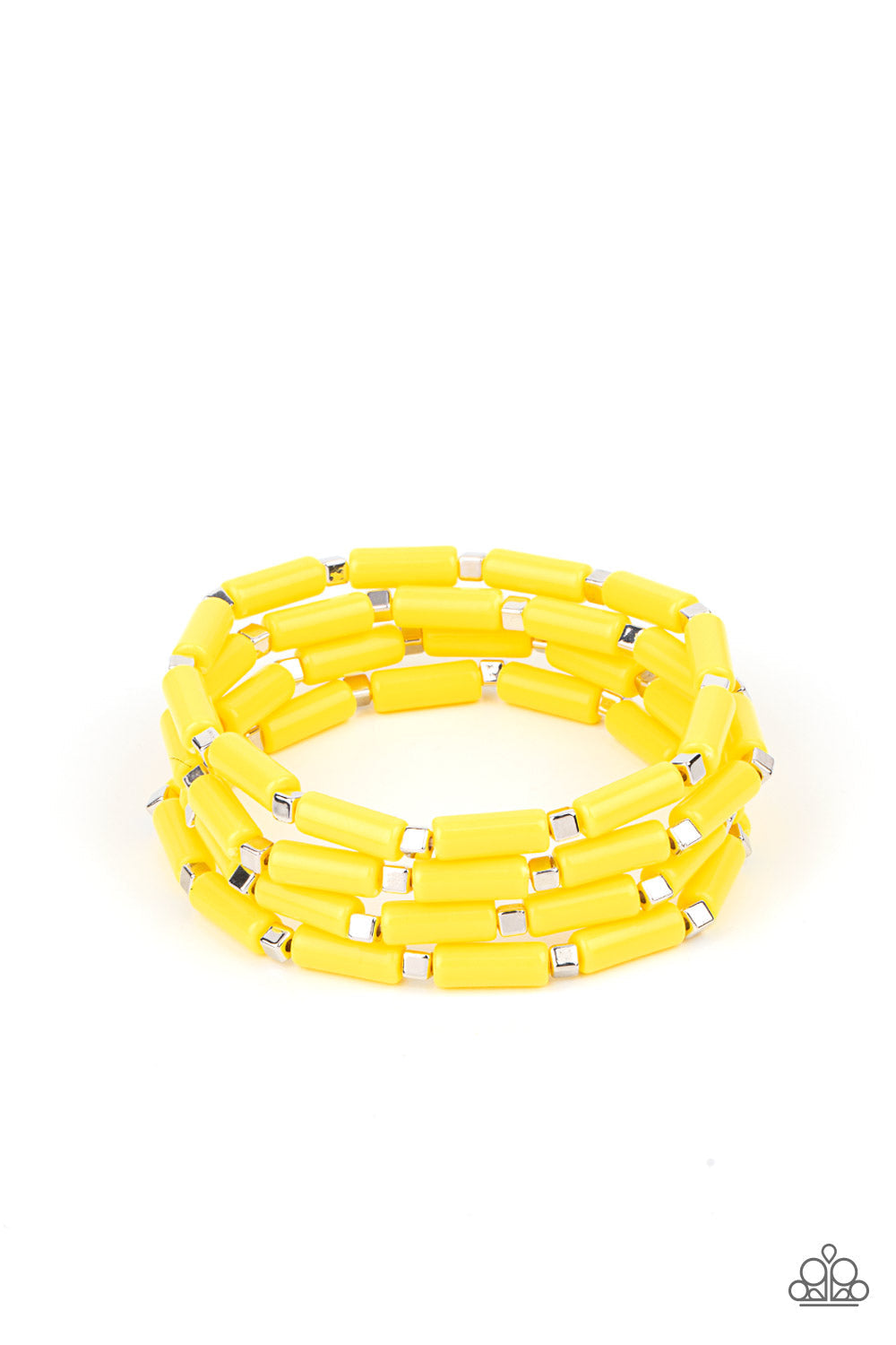Radiantly Retro - Yellow - Silver Stretchy Bracelets - Paparazzi Accessories - Bejeweled Accessories By Kristie - Trendy fashion jewelry for everyone - A playful collection of dainty silver cube beads and cylindrical beads are along stretchy bands, creating colorful layers around the wrist. Sold as one set of four bracelets.