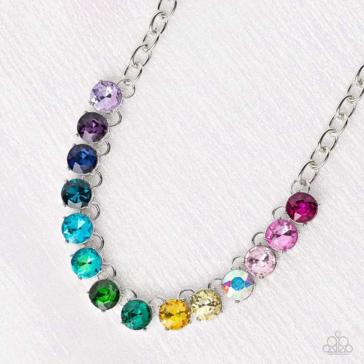 Rainbow Resplendence - Multi Color Necklace - Paparazzi Jewelry - Bejeweled Accessories By Kristie - A rainbow of oversized multicolored rhinestones sparkles below the collar for an out-of-this-world statement silver chain necklace.