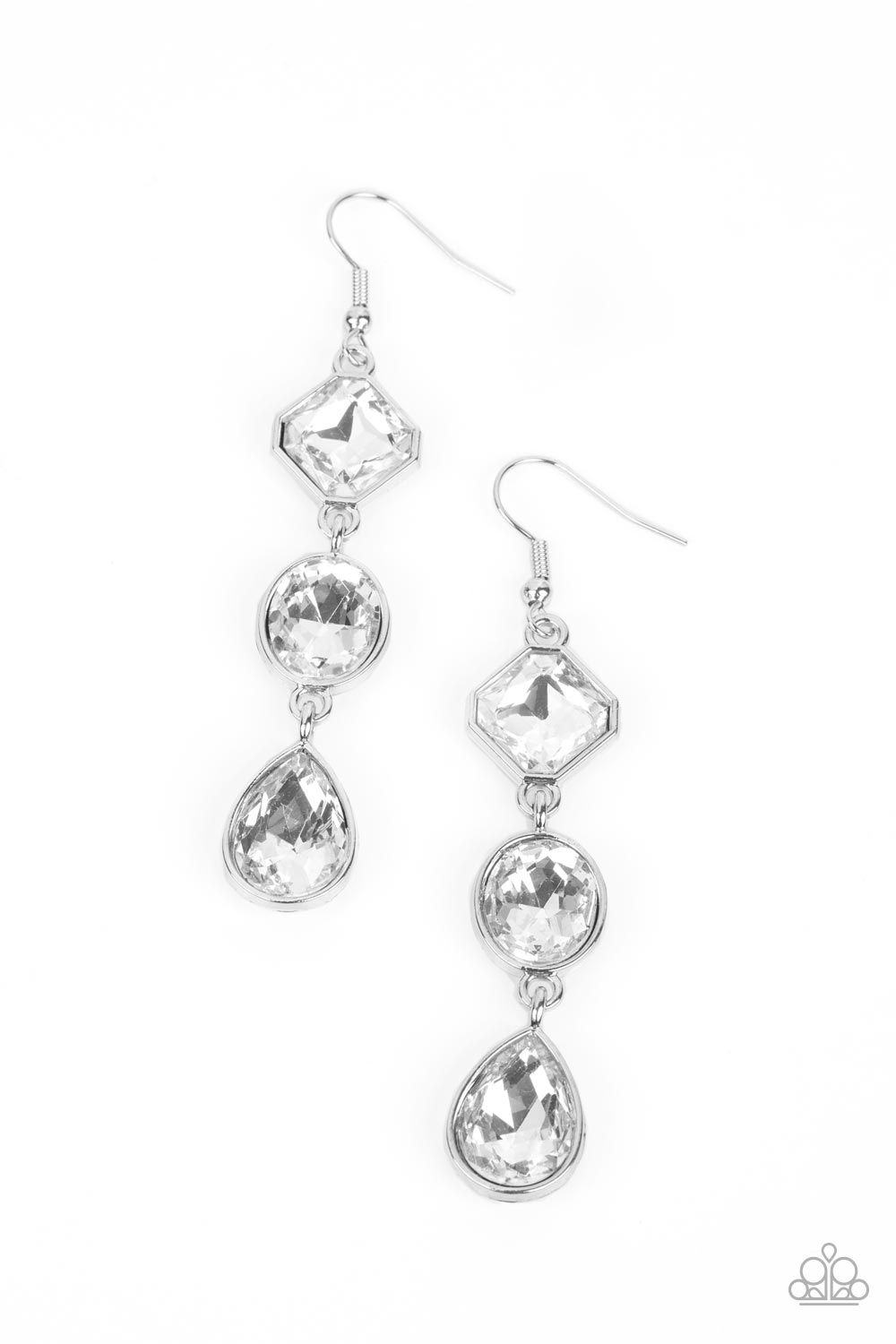 Reflective Rhinestones - White and Silver Earrings - Paparazzi Accessories - Three timeless white rhinestones delicately link into a refined lure. Featuring teardrop, round, and emerald style cuts, the sparkly rhinestones are delicately encased in silver frames, adding a layer of sophisticated shimmer to the glamorous look. Earring attaches to a standard fishhook fitting. Sold as one pair of earrings.