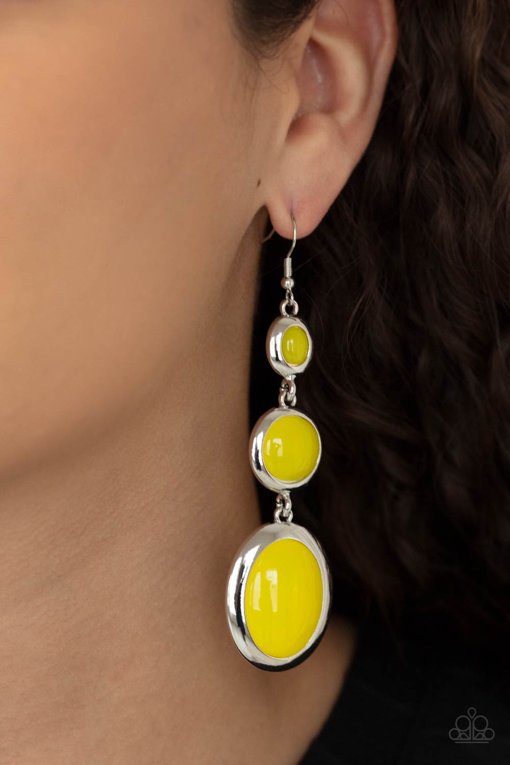 Retro Reality - Yellow and Silver Fashion Earrings - Paparazzi Jewelry - Bejeweled Accessories By Kristie - Mismatched glassy yellow beads in sleek silver frames that whimsically link into a colorfully retro lure. Fashion earrings attach to standard fishhook fittings.