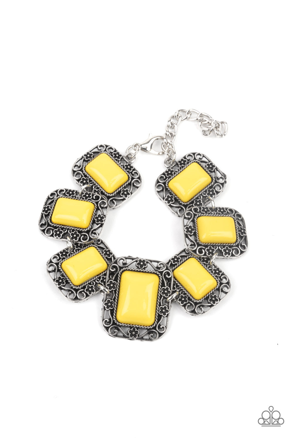 Retro Rodeo - Yellow and Silver Bracelet - Paparazzi Accessories Adjustable Clasp Bracelet Bejeweled Accessories By Kristie Featuring Paparazzi Jewelry - Trendy fashion jewelry for everyone -