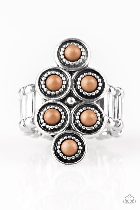 River Rock Rhythm - Brown and Silver Fashion Ring - Paparazzi Accessories - Dainty brown stones are pressed into ornate silver frames, coalescing into an earthy frame atop the finger. Features a stretchy band for a flexible fit.