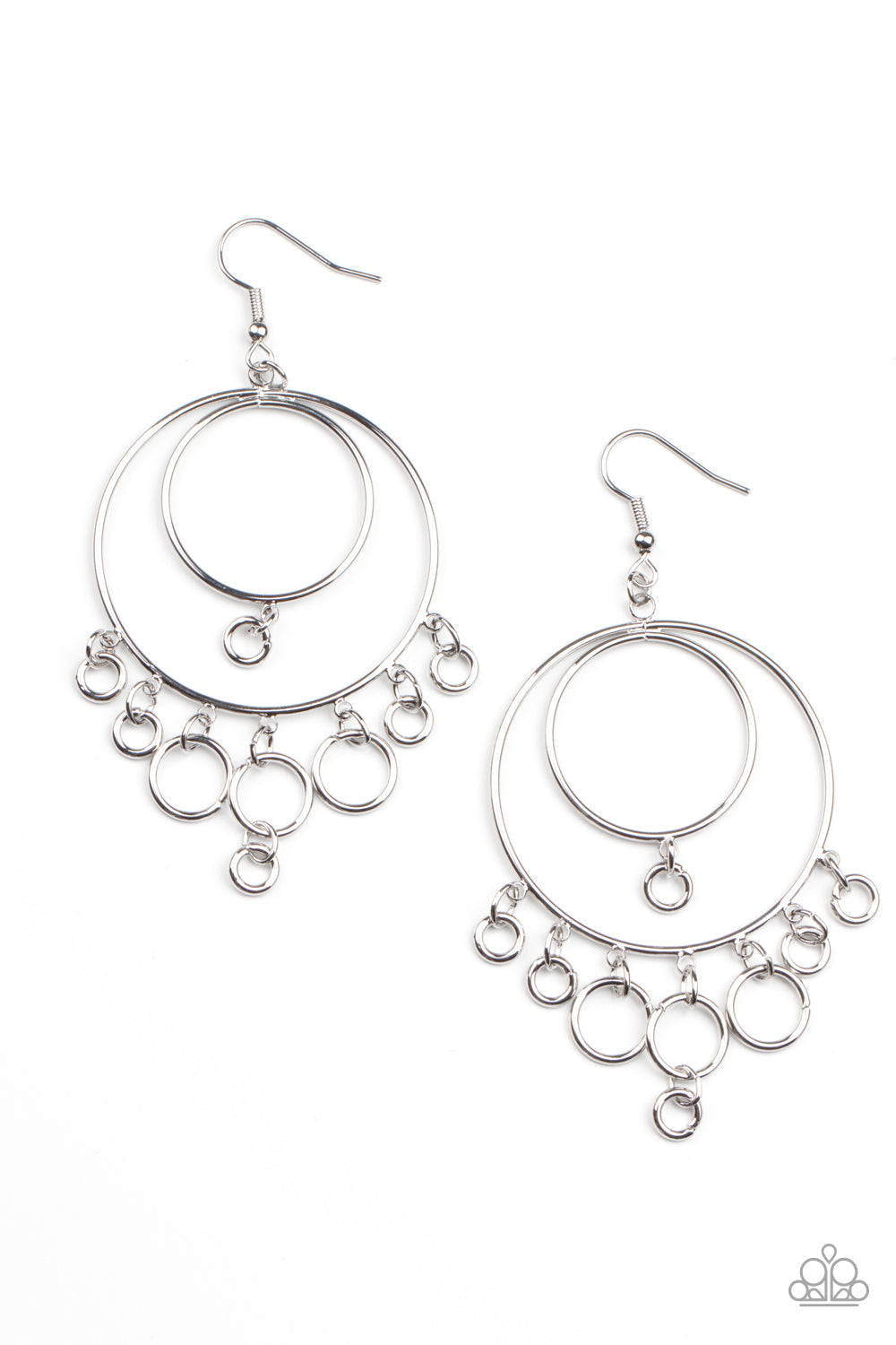 Roundabout Radiance - Silver Fringe Earrings - Paparazzi Accessories - A dainty collection of silver rings swing from the bottom of interconnected silver hoops, creating a dizzying fringe. Earring attaches to a standard fishhook fitting. Sold as one pair of earrings.