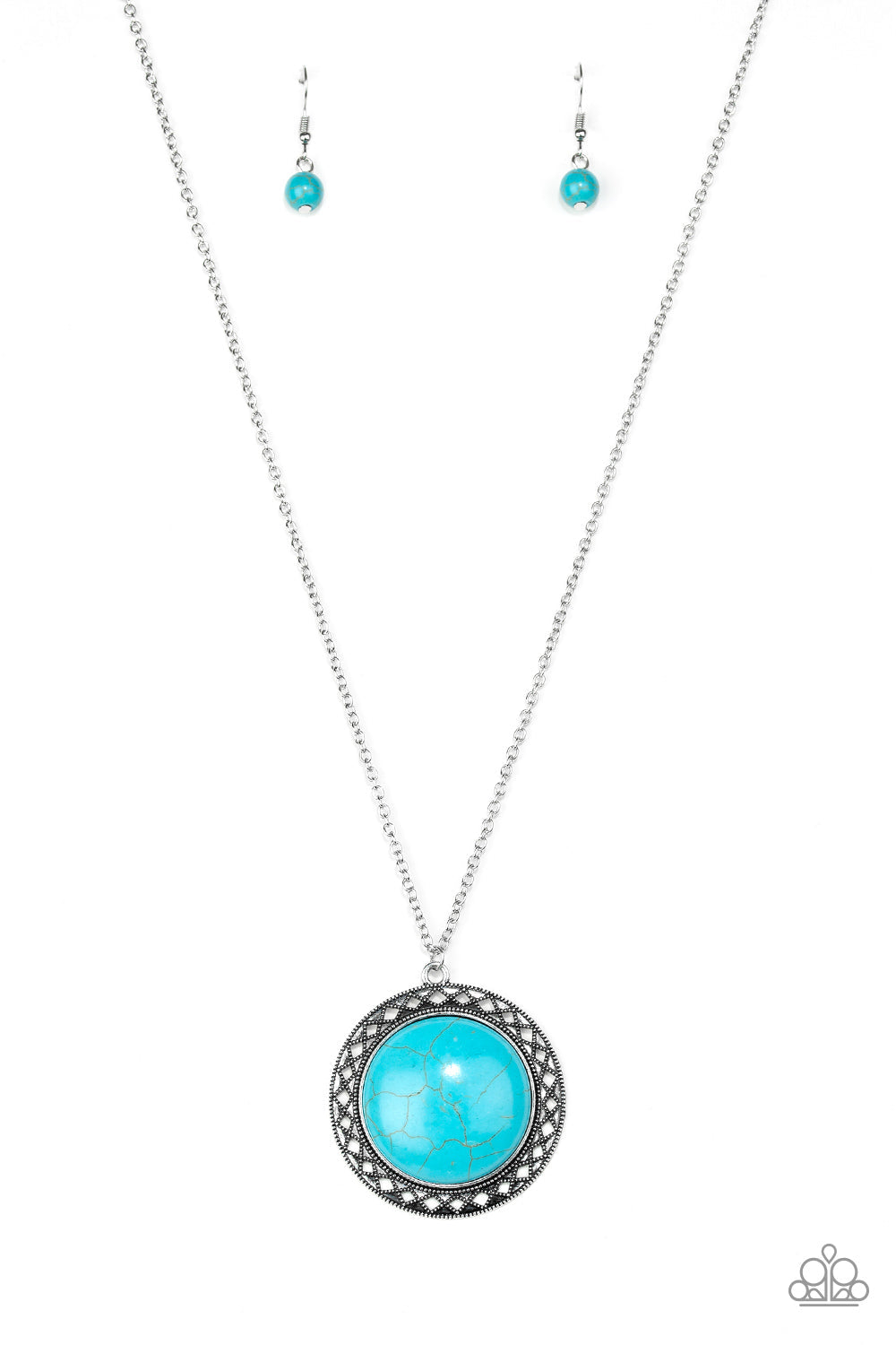 Run Out Of RODEO - Blue Turquoise - Silver Necklace - Paparazzi Accessories - Turquoise stone is pressed into the center of a shimmery silver frame radiating with sunburst details. The earthy frame swings from the bottom of a lengthened silver chain for a seasonal finish.