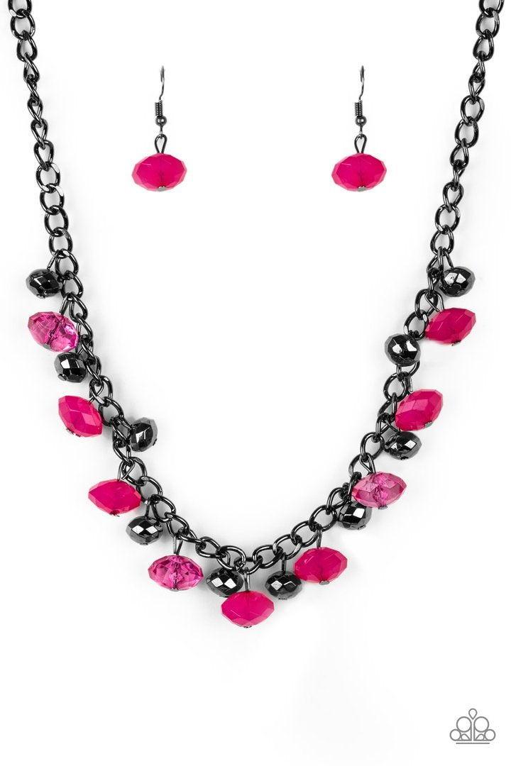 Runway Rebel - Pink and Gunmetal Fashion Necklace - Paparazzi Accessories - Featuring cloudy and glassy finishes, faceted pink crystal-like beads swing from the bottom of a glistening gunmetal chain. Faceted gunmetal beads join the pink beading, creating a flirtatious fringe below the collar fashion necklace.