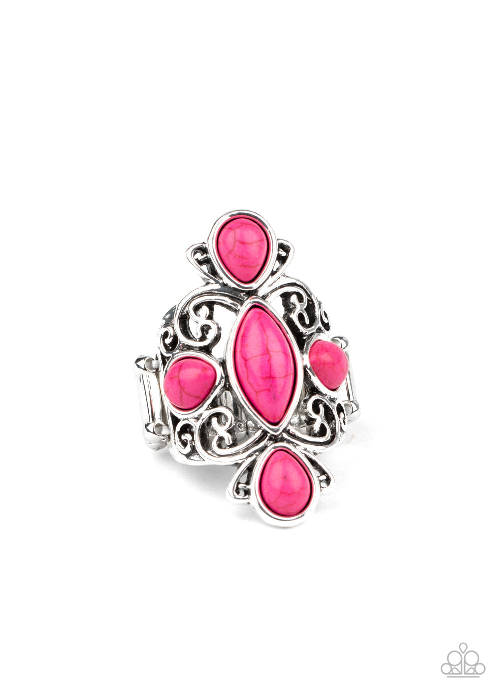 Sahara Sweetheart - Pink and Silver Ring - Paparazzi Accessories - Swirling silver filigree delicately curls around an array of pink stones, creating a colorfully rustic centerpiece atop the finger. Features a stretchy band for a flexible fit. Sold as one individual ring.