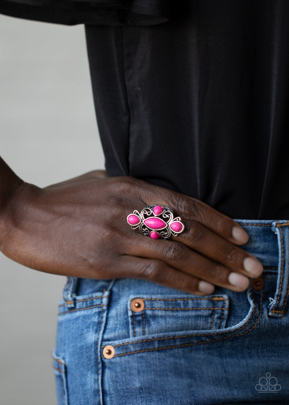 Sahara Sweetheart - Pink and Silver Ring - Paparazzi Accessories - Swirling silver filigree delicately curls around an array of pink stones, creating a colorfully rustic centerpiece atop the finger. Features a stretchy band for a flexible fit. Sold as one individual ring.