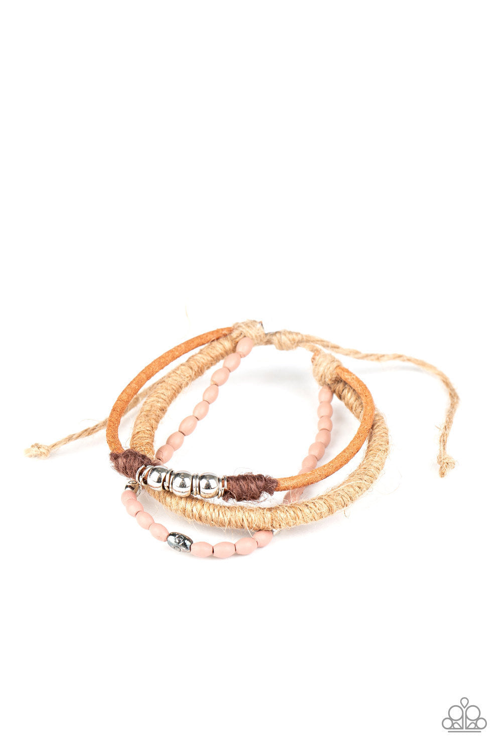 SEA You At The Beach - Multi Color Urban Bracelet - Paparazzi Accessories - Infused with wooden Rose Tan beads and mismatched silver accents, earthy strands of twine and suede cording layer across the wrist for a seasonal flair. Features an adjustable sliding knot closure.