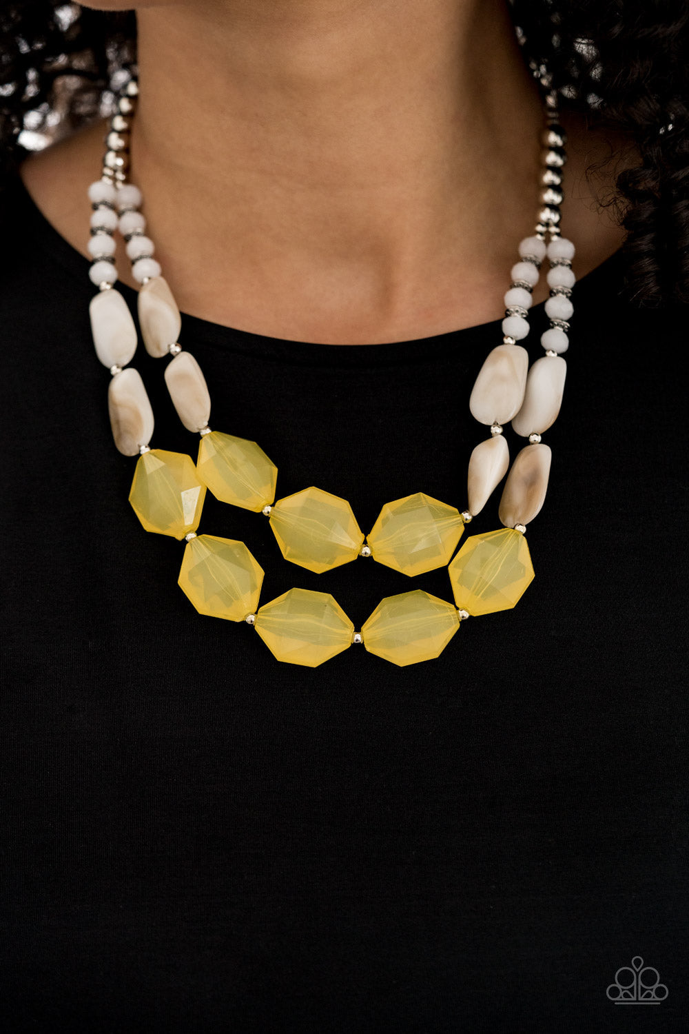 Seacoast Sunset - Yellow Necklace - Paparazzi Accessories - A whimsical collection of silver, opaque crystal-like, cloudy white, and faceted yellow beads are threaded along invisible wires, creating statement-making layers below the collar fashion necklace.
