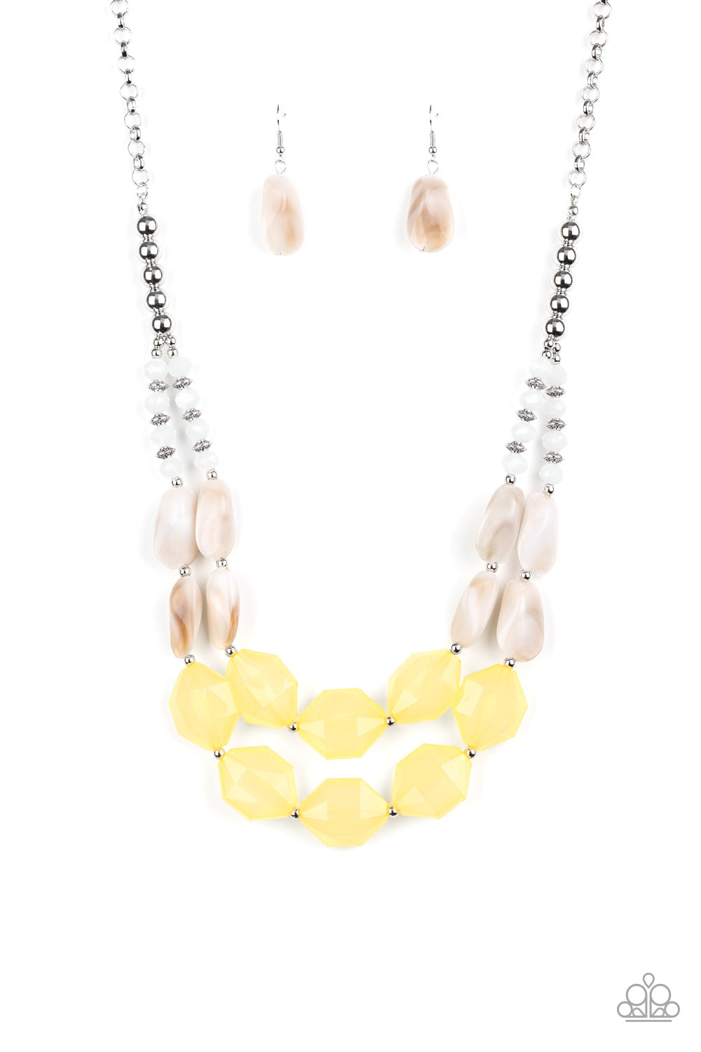 Seacoast Sunset - Yellow Fashion Necklace - Paparazzi Accessories - A whimsical collection of silver, opaque crystal-like, cloudy white, and faceted yellow beads are threaded along invisible wires, creating statement-making layers below the collar necklace.