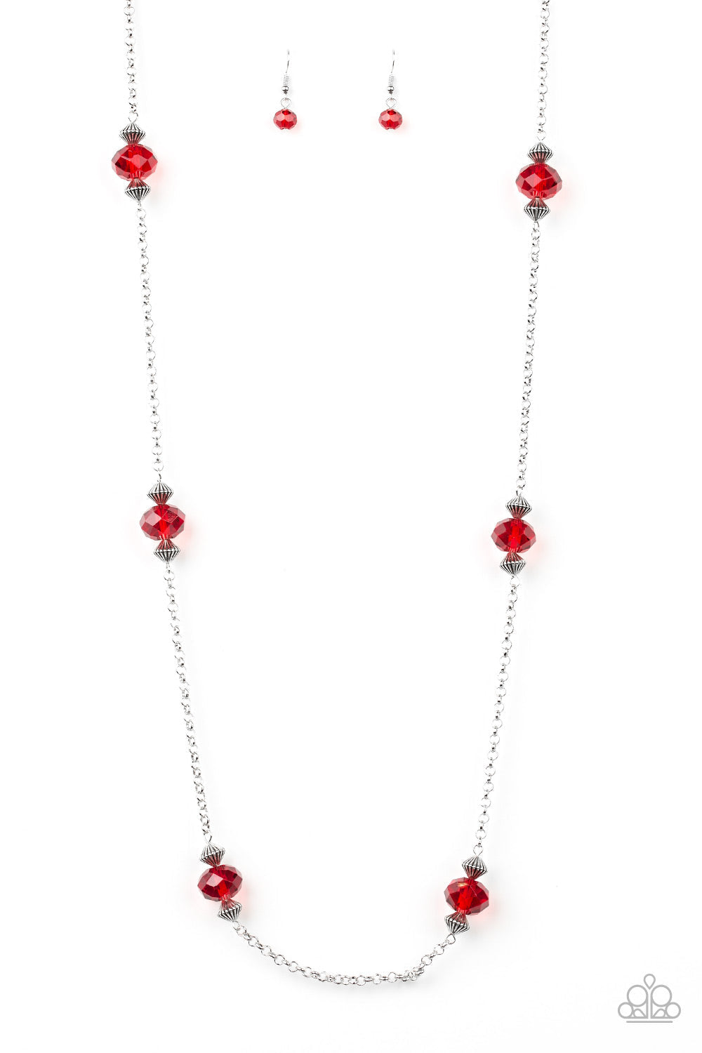 Season of Sparkle - Red and Silver Necklace - Paparazzi Accessories - Glassy red gems and silver beads trickle along a glistening silver chain for a refined stylish look. Features an adjustable clasp closure fashion necklace.