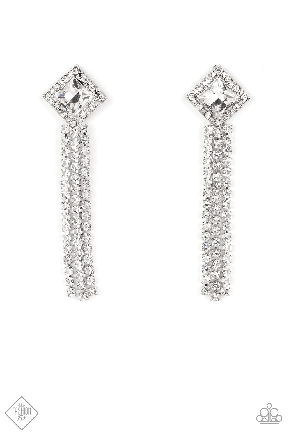Seasonal Sparkle - White Rhinestone - Silver Fashion Earrings - Paparazzi Accessories - A brilliant, square-cut white rhinestone is bordered by tiny sparkling accents and tilted on a point, creating a dramatic anchoring point from which streams of glittery, square-cut rhinestones cascade from the ear in a glitzy finish. Earring attaches to a standard post fitting. Sold as one pair of post earrings.