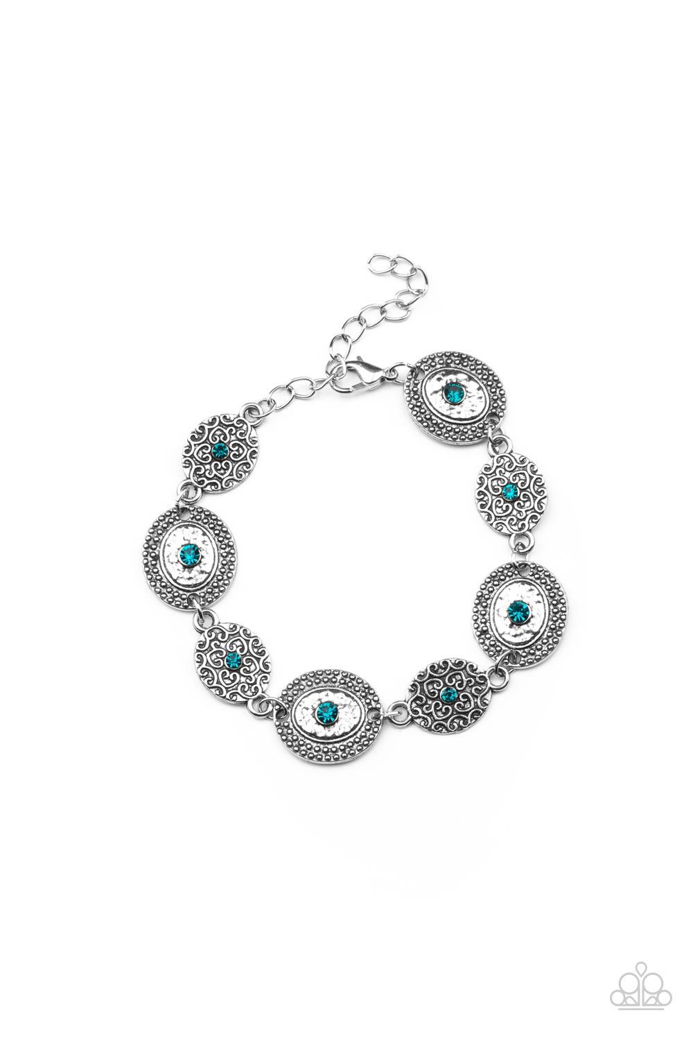 Secret Garden Glamour - Blue Zircon and Silver Bracelet - Paparazzi Accessories - Delicate Blue Zircon rhinestones dot the centers of engraved antiqued silver discs. The dotted textures and heart-shaped vines create a charming impression as they gracefully link around the wrist. Features an adjustable clasp closure. Bejeweled Accessories By Kristie - Trendy fashion jewelry for everyone -