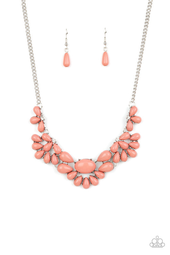 Secret Gardenista - Pink and Silver Necklace - Paparazzi Accessories - Teardrop Pale Rosette beads fan out from the bottoms of solitaire white rhinestones as they link below the collar, creating whimsically stacked frames. Featuring an oval center, oversized teardrop beads flare out from the centermost frame for a flirtatiously floral finish.