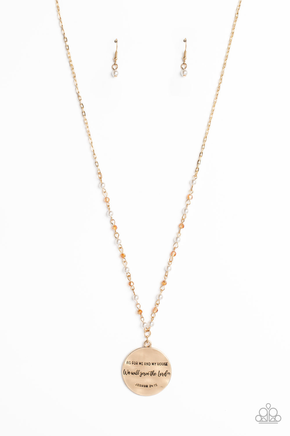 Serving The Lord - Gold Necklace - Paparazzi Accessories - Glassy beads brushed in a gold undertone, and bubbly white pearls, an extended, dainty gold chain shimmers and shines down the chest. Hanging from the bottom of the light-reflecting chain, an oversized gold disc, hammered with vintage detailing features the stamped phrase "As for me and my house we will serve the Lord" with the scripture reference "Joshua 24:15" listed below for an inspirational finish.