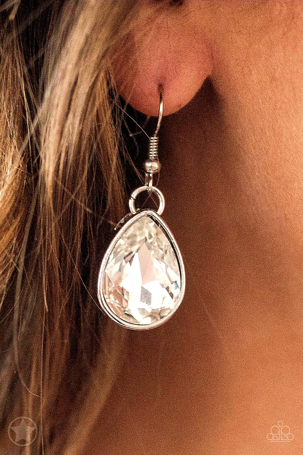 Show - Stopping Shimmer - Gem Silver Fashion Necklace - Paparazzi Accessories - Fashion necklace with two rows of silver chain layer below the collar for a fierce fashion. Glittery white teardrops gems hang from the glistening layers for a timeless shimmer to the show-stopping statement style. Necklace has an adjustable clasp closure.
