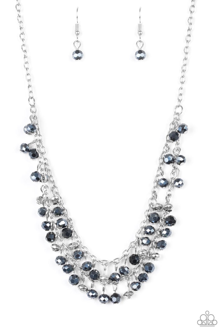 So In Season - Blue Metallic - Silver Necklace - Paparazzi Accessories - Metallic blue gems and faceted silver beads dangle from two rows of silver chains, creating a glamorous fringe below the collar. Features an adjustable clasp closure. - Bejeweled Accessories By Kristie - Trendy fashion jewelry for everyone -