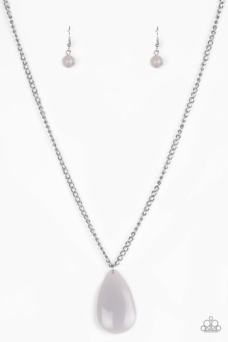 So Pop-YOU-lar - Gray and Silver Necklace - Paparazzi Accessories - A neutral gray teardrop pendant swings from the bottom of a lengthened silver chain, adding a perfect pop of color to any outfit. Features an adjustable clasp closure. Sold as one individual necklace.