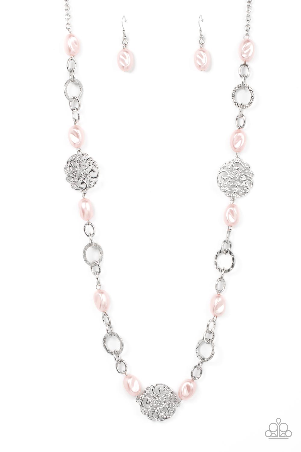 Social Soiree - Pink Pearl - Silver Necklace - Paparazzi Accessories - Pebble-like pink pearls, textured silver links, and vine-like silver frames delicately connect into a whimsical compilation across the chest. Features an adjustable clasp closure. Sold as one individual necklace. Includes one pair of matching earrings.
