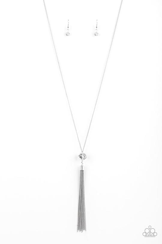 Socialite of the Season - Silver Necklace - Paparazzi Accessories - Splashed in metallic shimmer, a smoky crystal-like bead swings from the bottom of a lengthened silver chain, giving way to a shimmering silver tassel for a glamorous finish.