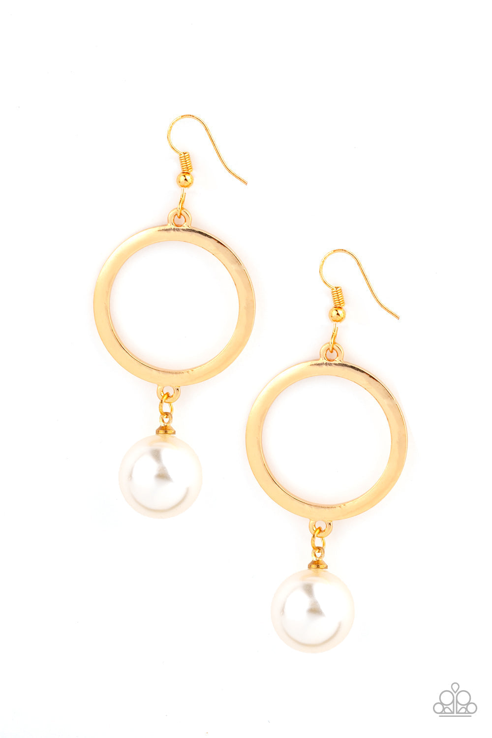 SoHo Solo - Gold Pearl Earrings - Paparazzi Accessories - An oversized white pearl swings from the bottom of a shimmery gold hoop, creating a refined style. Earring attaches to a standard fishhook fitting. Sold as one pair of earrings.