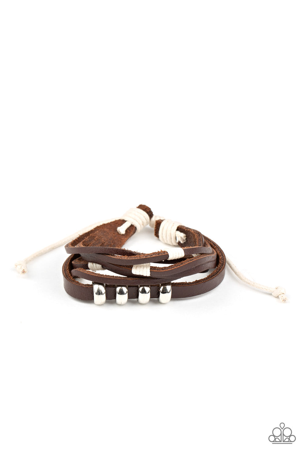 Solo Quest Brown Urban - Leather Bracelet - Paparazzi Accessories - Featuring white threaded and silver beaded accents, mismatched strands of brown leather bands layer across the wrist for an earthy flair. Features an adjustable sliding knot closure. Trendy fashion jewelry for everyone.