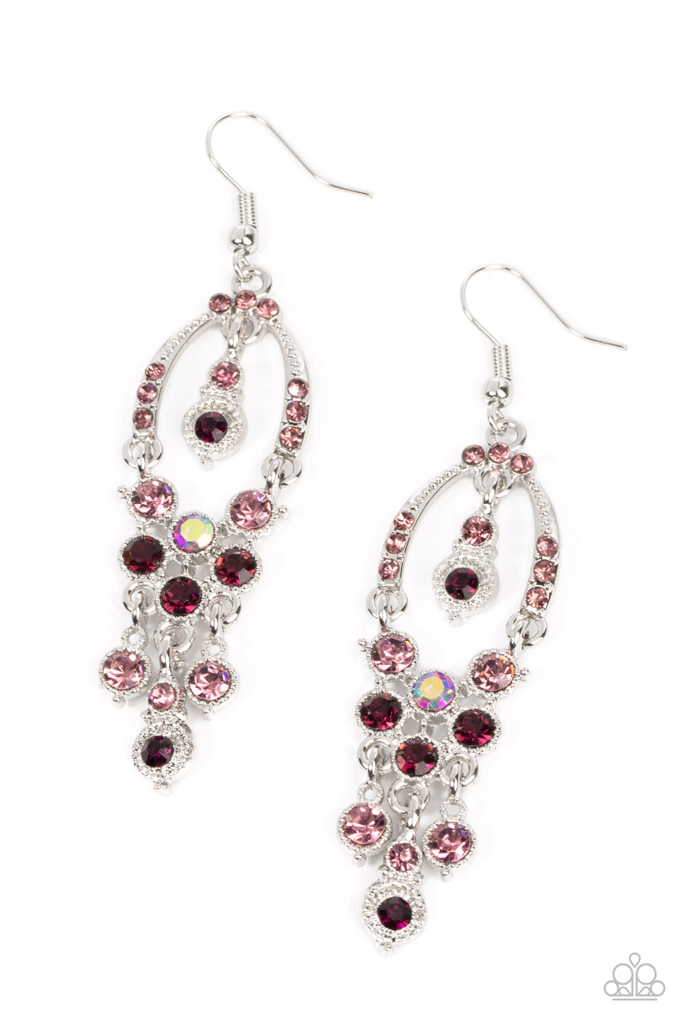 Sophisticated Starlet - Purple Earrings - Paparazzi Accessories - A purple rhinestone encrusted silver horseshoe frame delicately attaches to a glitzy tassel of purple, and iridescent rhinestones for a timeless twinkle. A matching purple rhinestone embellished frame daintily swings from the top of the glamorous frame, complimenting the effervescent movement. Earring attaches to a standard fishhook fitting. Sold as one pair of earrings.