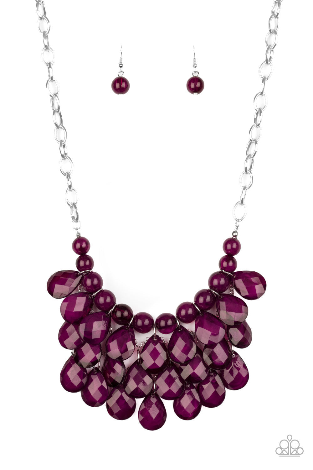 Sorry To Burst Your Bubble - Purple Necklace - Paparazzi Accessories - Attached to a bold silver chain, round opaque plum beads are threaded along an invisible wire below the collar. Attached to a net of silver chains, faceted opaque teardrops cascade from the bottom of the matching plum beads, creating a glamorous fringe. Features an adjustable clasp closure. Sold as one individual necklace.