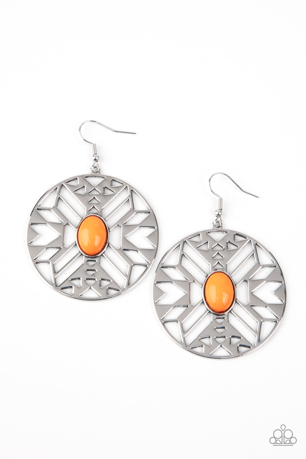 Southwest Walkabout - Orange and Silver Earrings - Paparazzi Accessories - An oval Amberglow bead adorns the center of a round silver frame radiating with an airy southwestern inspired pattern for a whimsical look. Earring attaches to a standard fishhook fitting. Sold as one pair of earrings.