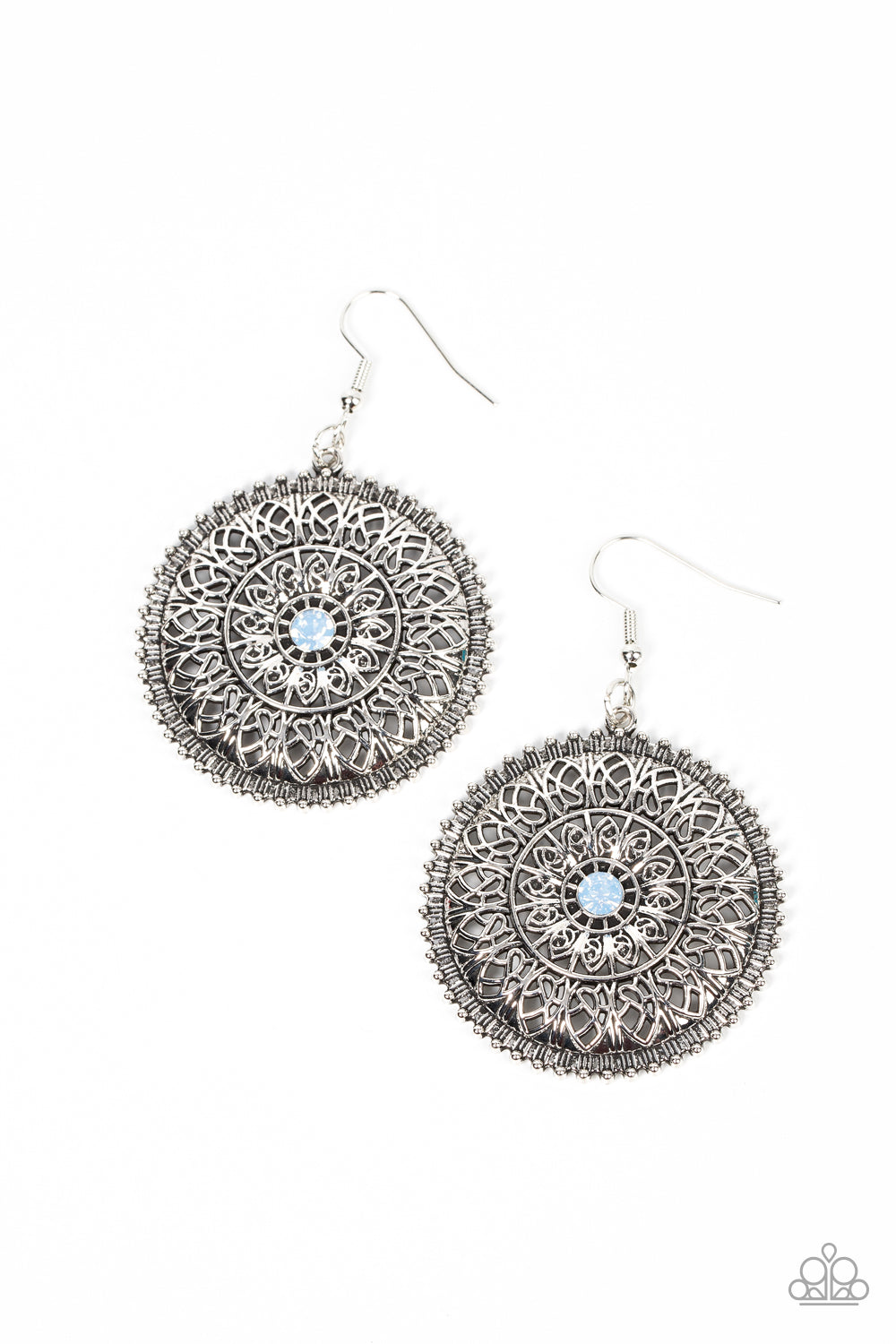 Spellbinding Botanicals - Blue and Silver - Floral Earrings - Paparazzi Accessories - Mandala-like petals layer and fan out from a dainty blue opal rhinestone center, blooming into an enchanting floral frame. Earring attaches to a standard fishhook fitting.
