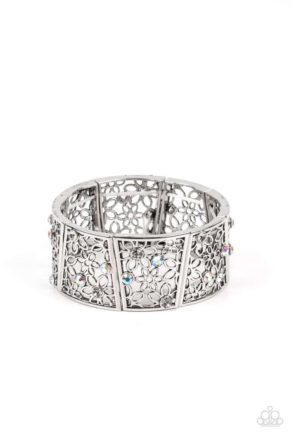 Spring Greetings Iridescent and Silver Stretchy Bracelet - Paparazzi Accessories - White and iridescent rhinestones in a daisy pattern blooms inside silver frames that are threaded along stretchy bands around the wrist for a seasonal statement bracelet.