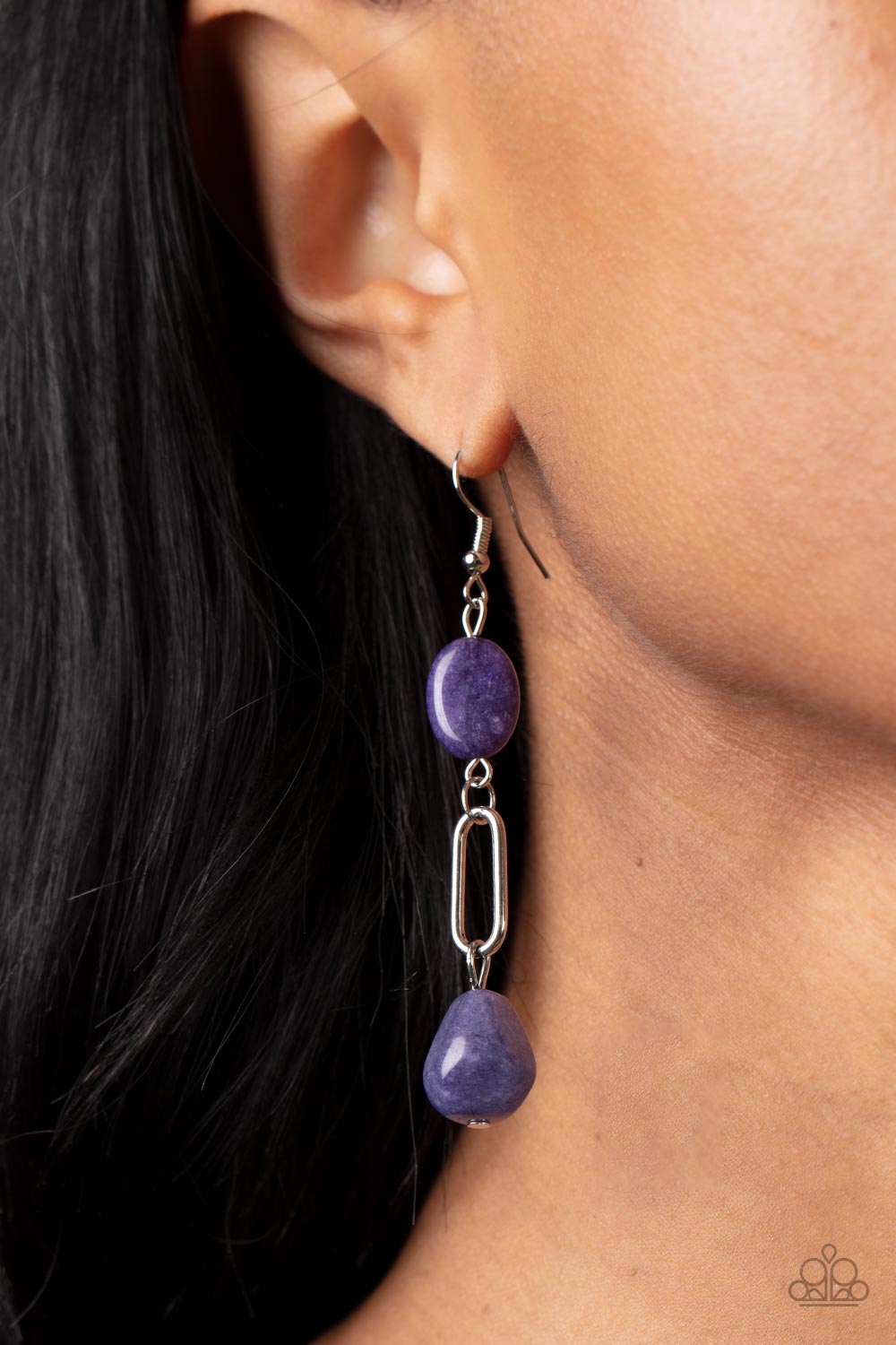 Stone Apothecary - Purple Amethyst and Silver Earrings - Paparazzi Accessories - Flat oval and faceted teardrop amethyst stones link with a silver oval frame, creating an earthy lure. Earring attaches to a standard fishhook fitting. Sold as one pair of earrings.