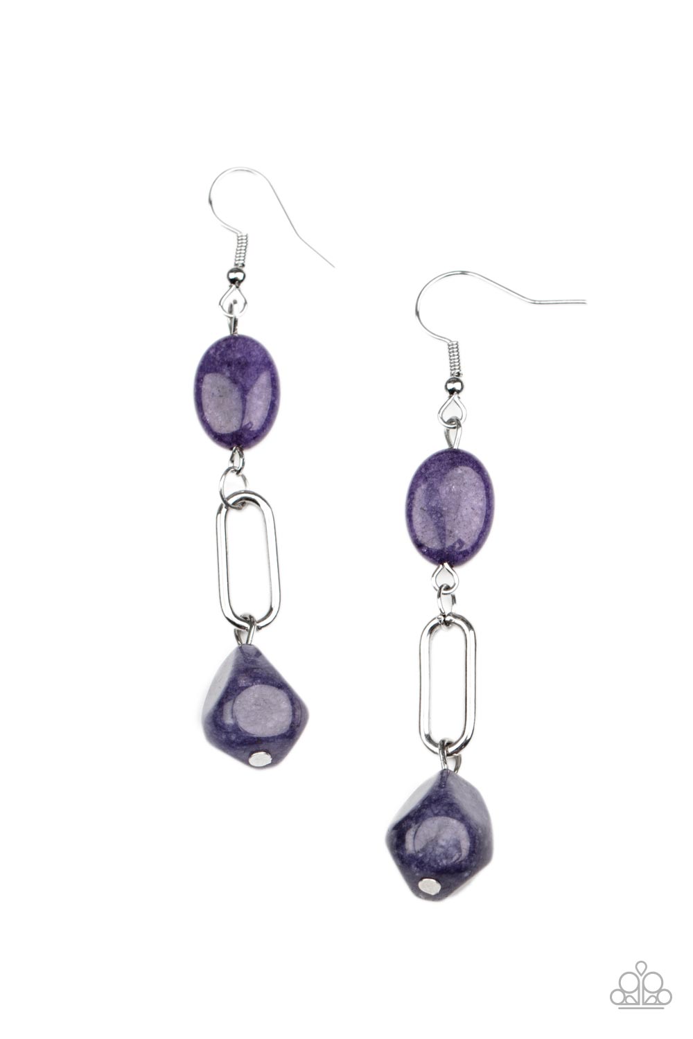 Stone Apothecary - Purple Amethyst and Silver Earrings - Paparazzi Accessories - Flat oval and faceted teardrop amethyst stones link with a silver oval frame, creating an earthy lure. Earring attaches to a standard fishhook fitting. Sold as one pair of earrings.