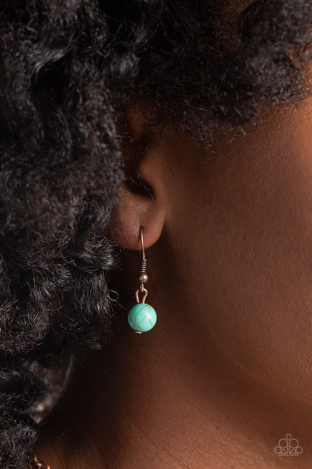 Stone TOLL - Copper and Turquoise Necklace - Paparazzi Accessories - An oversized turquoise stone, wrapped in a copper floral frame swings as the uppermost shape above an oversized, airy, copper spade-like frame creating a free-spirited finish. Stamped floral cutouts embellish along the lower curve of the teardrop-like frame for additional artisanal detail necklace.