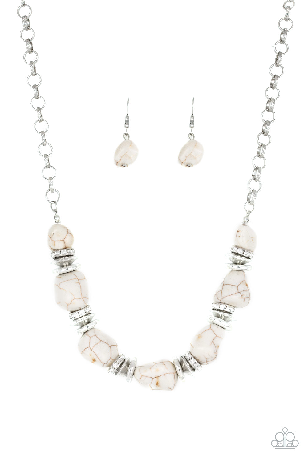 Stunningly Stone Age - White and Silver Necklace - Paparazzi Accessories - Bejeweled Accessories By Kristie - A collection of refreshing white stones, shimmery silver accents, and white rhinestone encrusted rings are strung below the collar for a timeless look fashion necklace.
