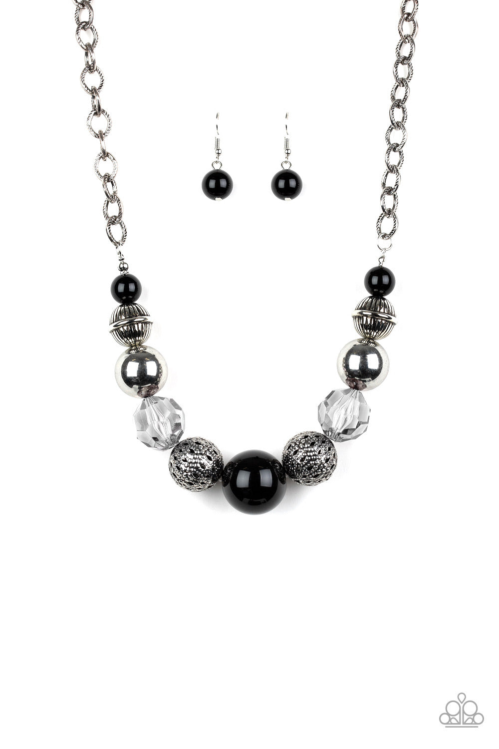 Sugar, Sugar - Black and Silver Bead Necklace - Paparazzi Accessories - A collection of antiqued silver beads, smoky crystal-like beads, and oversized black beads are threaded along an invisible wire below the collar. Textured in linear patterns, an antiqued silver chain attaches to the colorful compilation for a statement-making stylish necklace. Bejeweled Accessories By Kristie - Trendy fashion jewelry for everyone -