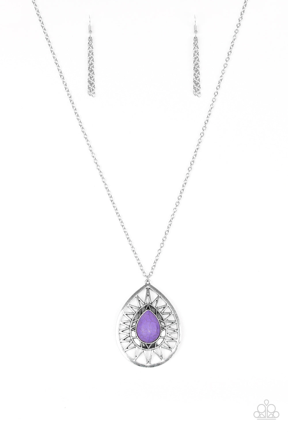 Summer Sunbeam - Purple Stone and Silver Necklace - Paparazzi Accessories - A vivacious purple stone is pressed into the center of a large silver teardrop radiating with shimmery sunburst patterns. The tribal inspired pendant swings from the bottom of a lengthened silver chain for a dramatic look. Features an adjustable clasp closure.