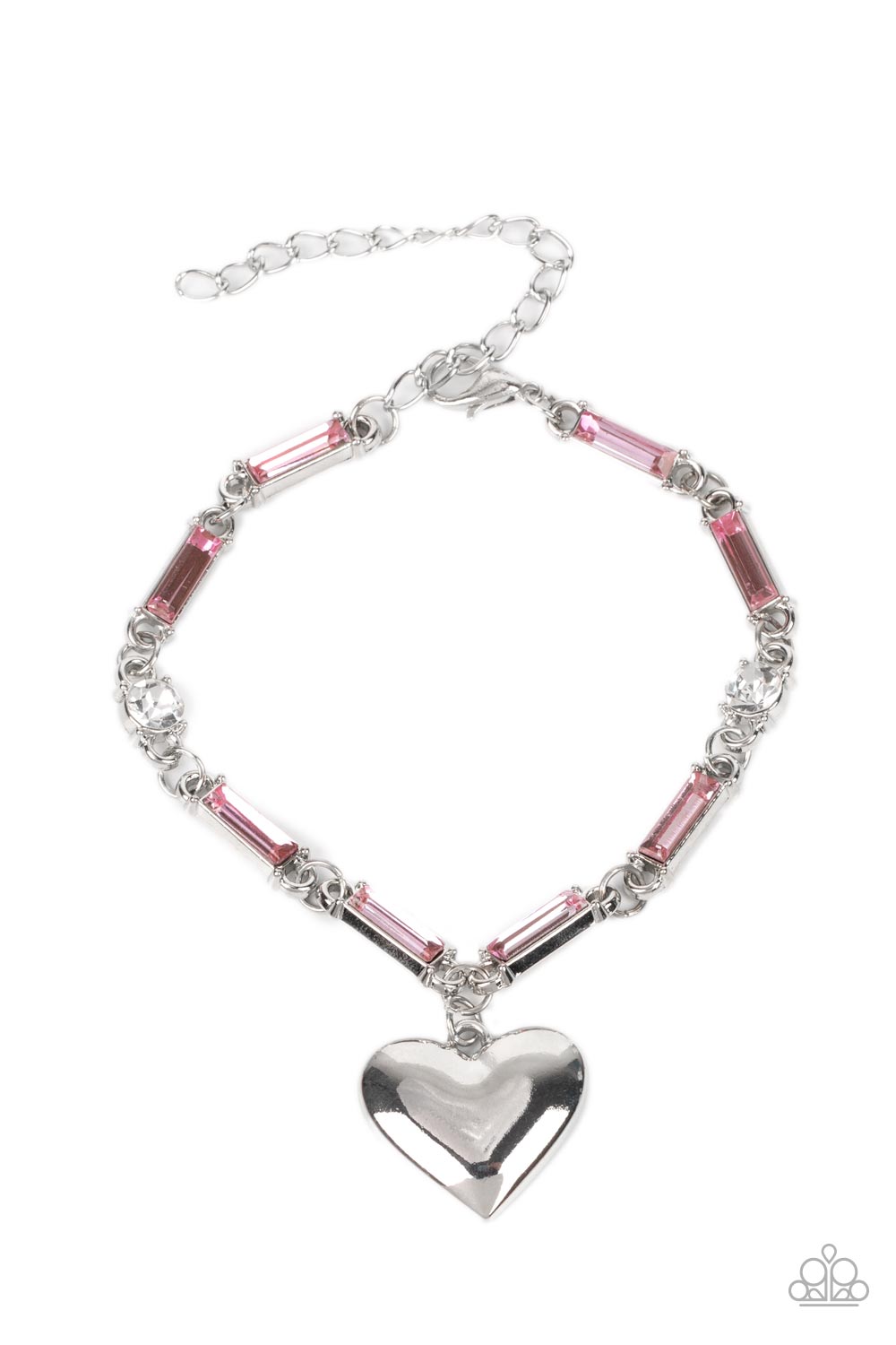 Sweetheart Secrets - Pink and Silver Heart Bracelet - Paparazzi Accessories - Encased in sleek silver fittings, classic white rhinestones and emerald cut pink rhinestones delicately link into a sparkly chain around the wrist. A shiny silver heart charm swings from the glittery compilation, adding a flirtatious shimmer. Features an adjustable clasp closure. Sold as one individual bracelet. Trendy fashion jewelry for everyone -