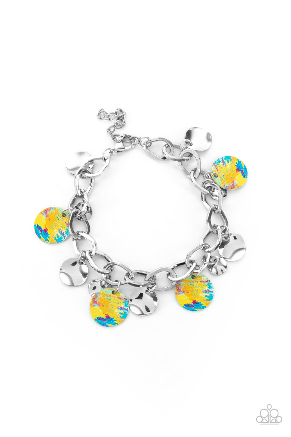 Teasingly Tie Dye - Yellow - Blue - Silver Bracelet - Paparazzi Accessories -colorful tie dye print, a collection of colorful and dainty silver discs swings from a bulky silver chain around the wrist for a trendy finish. Features an adjustable clasp closure.
