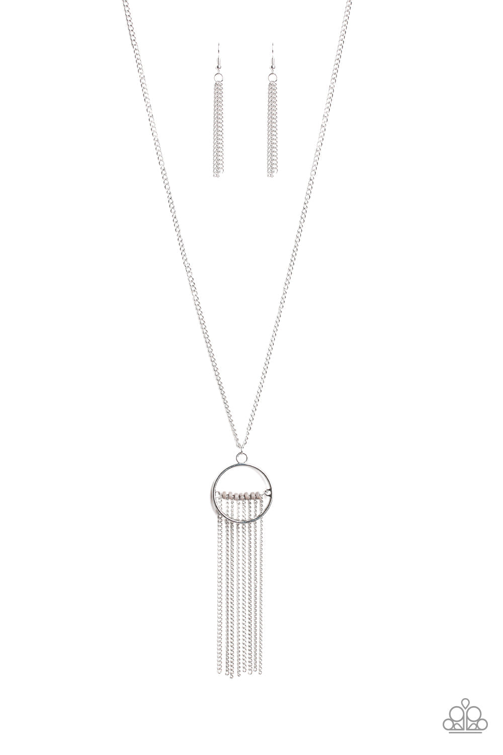 Terra Tassel - Silver Necklace - Paparazzi Accessories - Infused with a shimmery silver chain fringe, a row of gray beads is threaded along a silver rod that is fitted in place inside the center of an airy silver ring. The colorful pendant swings from the bottom of a lengthened silver chain for a trendy tribal look. Features an adjustable clasp closure. Sold as one individual necklace.