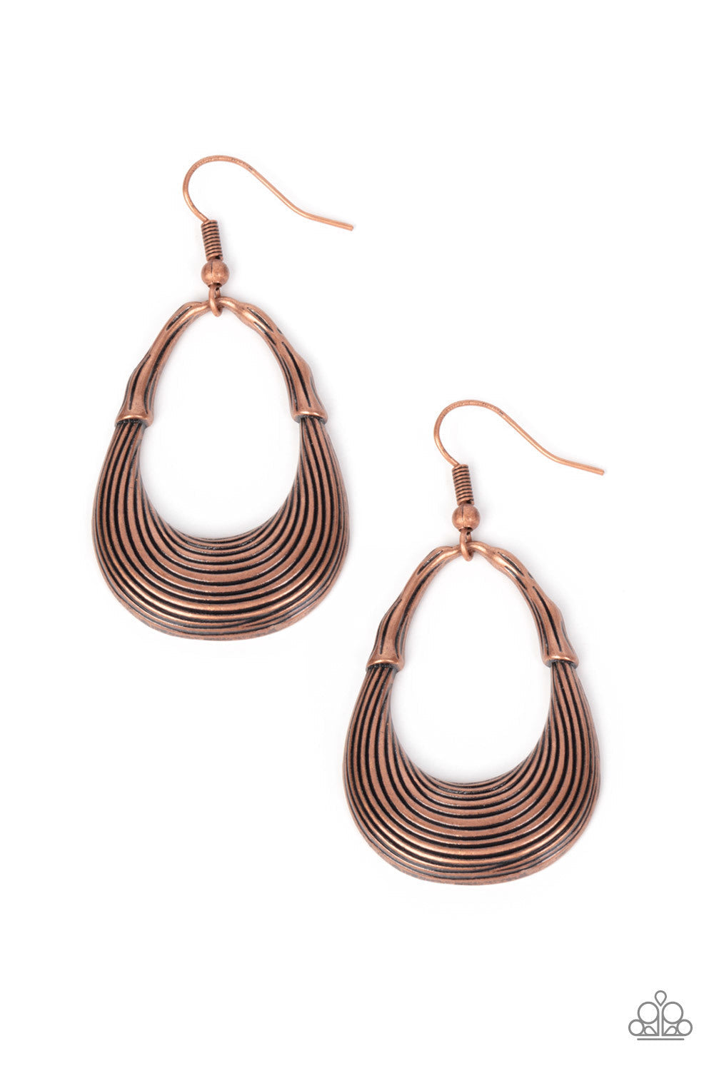 Terra Timber - Copper Earrings - Paparazzi Accessories - Etched in rippling texture, an antiqued half moon frame attaches to a warped copper fitting for a rustic flair. Earring attaches to a standard fishhook fitting. Sold as one pair of earrings.