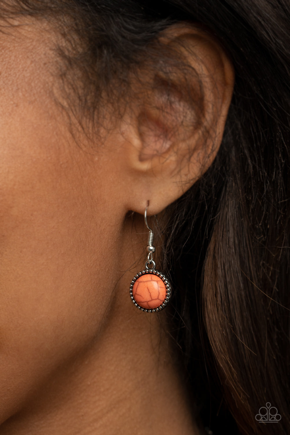 Terrestrial Trailblazer - Orange Stone - Silver Fashion Necklace - Orange stones alternate below the collar. A refreshing orange stone teardrop swings from the bottom, for an earthy extended pendant. Features an adjustable clasp closure.